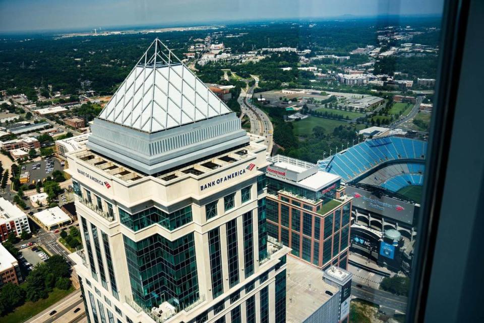 The Bank of America stadium, home of the Carolina Panthers, is seen on the right on June 12, 2024.