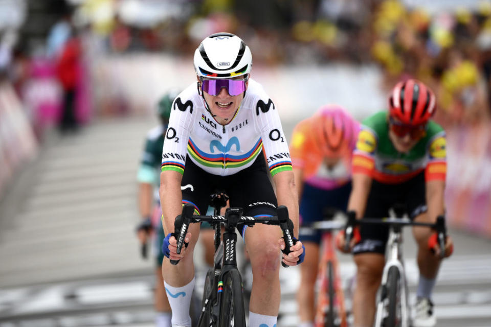 RODEZ FRANCE  JULY 26 Annemiek Van Vleuten of The Netherlands and Movistar Team crosses the finish line during the 2nd Tour de France Femmes 2023 Stage 4 a 1771km stage from Cahors to Rodez 572m  UCIWWT  on July 26 2023 in Rodez France Photo by Alex BroadwayGetty Images