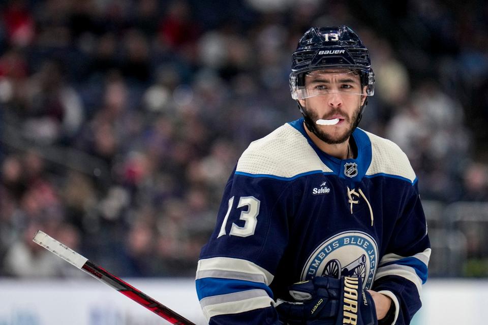 Nov 20, 2022; Columbus, Ohio, United States;  Columbus Blue Jackets forward Johnny Gaudreau (13) looks into the rink during the third period of the NHL hockey game against the Florida Panthers at Nationwide Arena. Mandatory Credit: Joseph Scheller-The Columbus Dispatch