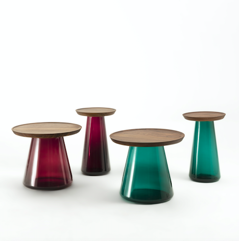 Milan Design Week Porada Jigger coffee tables with wood round top and glass base in red or green