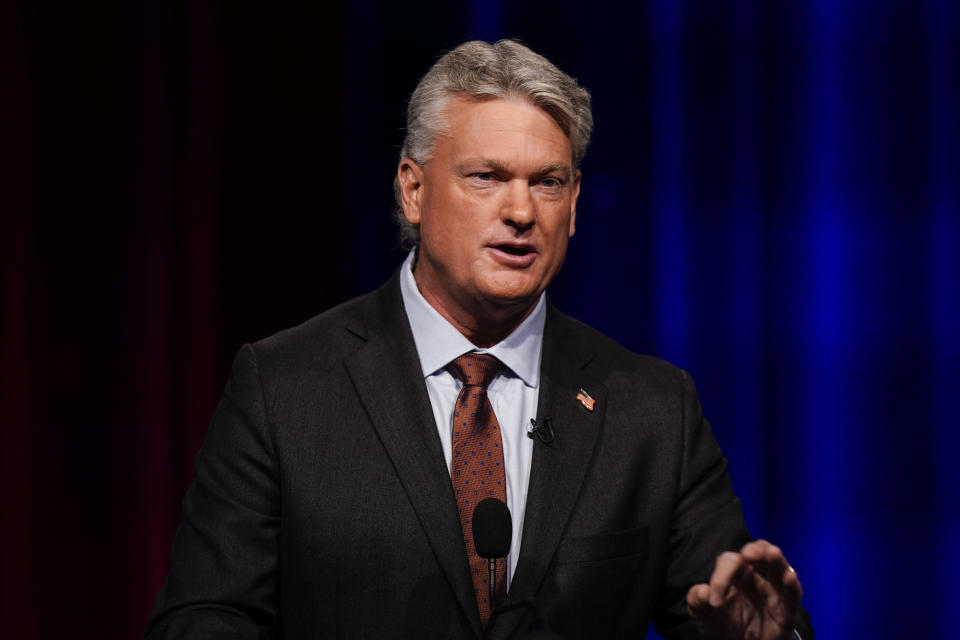 Mike Collins participates in Georgia's 10th Congressional District republican primary election runoff debates on Monday, June 6, 2022, in Atlanta. (AP Photo/Brynn Anderson)