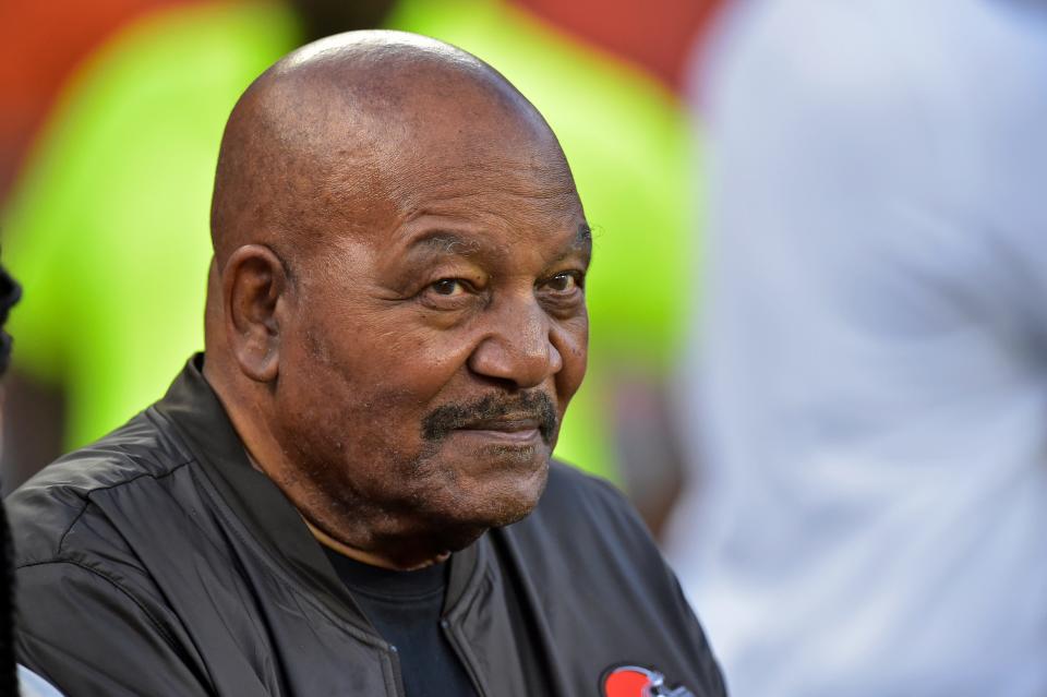 Jim Brown is shown before a 2019 game between the Los Angeles Rams and Cleveland Browns.
