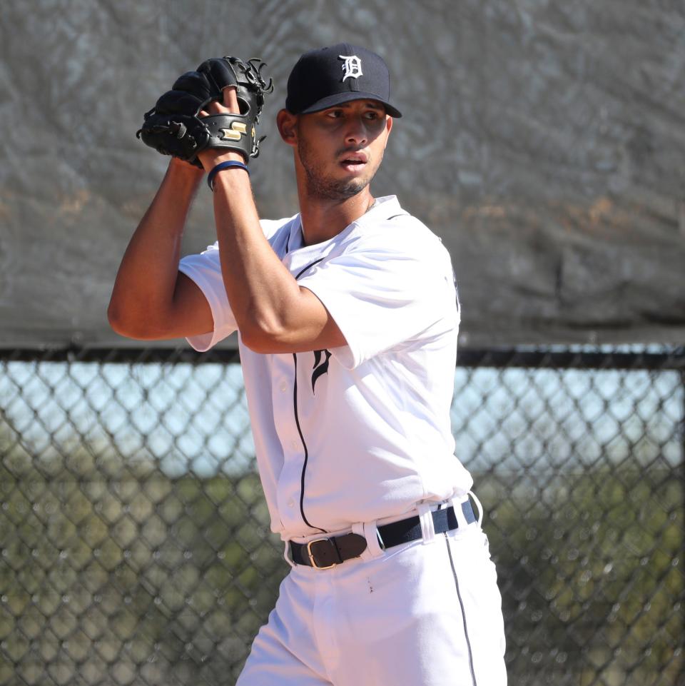 Detroit Tigers right handed pitching prospect Wilkel Hernandez throws during minor-league minicamp Sunday, Feb. 20, 2022, at TigerTown in Lakeland, Florida.