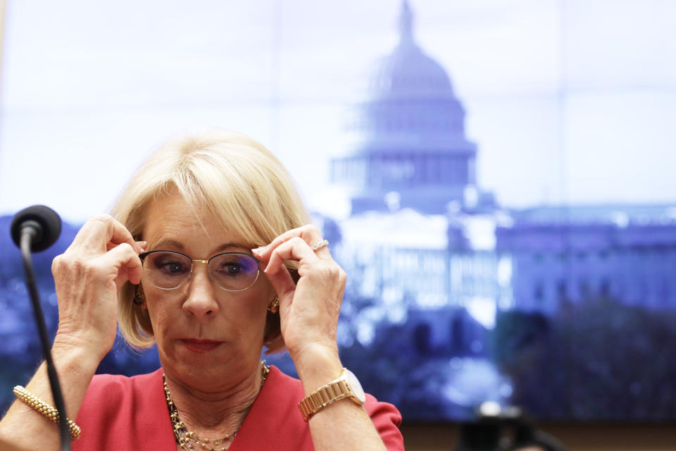 WASHINGTON, DC - DECEMBER 12:  U.S. Secretary of Education Betsy DeVos waits for the beginning of a hearing before House Education and Labor Committee December 12, 2019 on Capitol Hill in Washington, DC. The committee held a hearing on "Examining the Education Department's Implementation of Borrower Defense."  (Photo by Alex Wong/Getty Images)