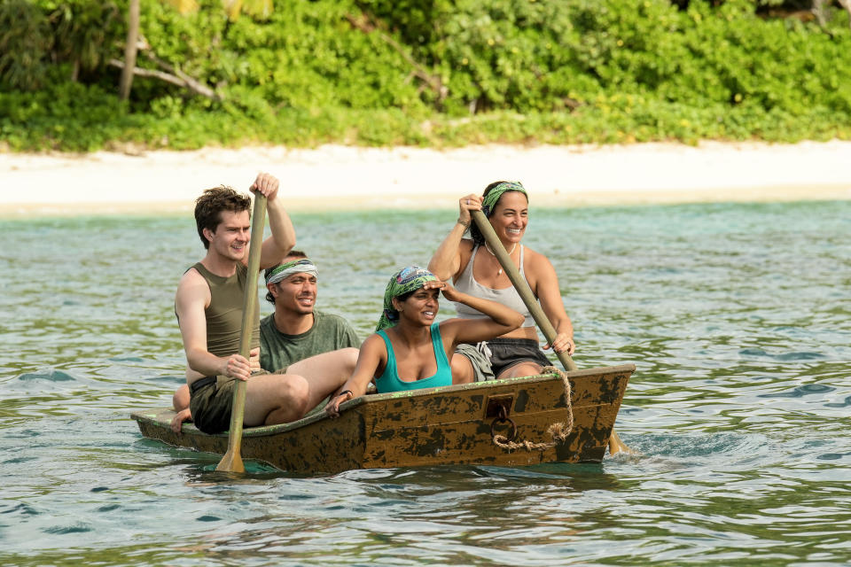 L-R): Charlie Davis, Ben Katzman, Jem Hussain-Adams, and Maria Gonzalez on Survivor 46 (Photo by Robert Voets/CBS via Getty Images)