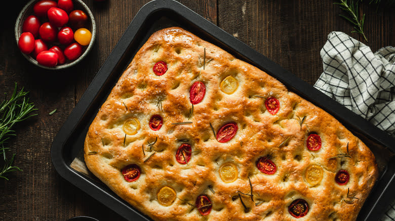 whole focaccia with tomatoes