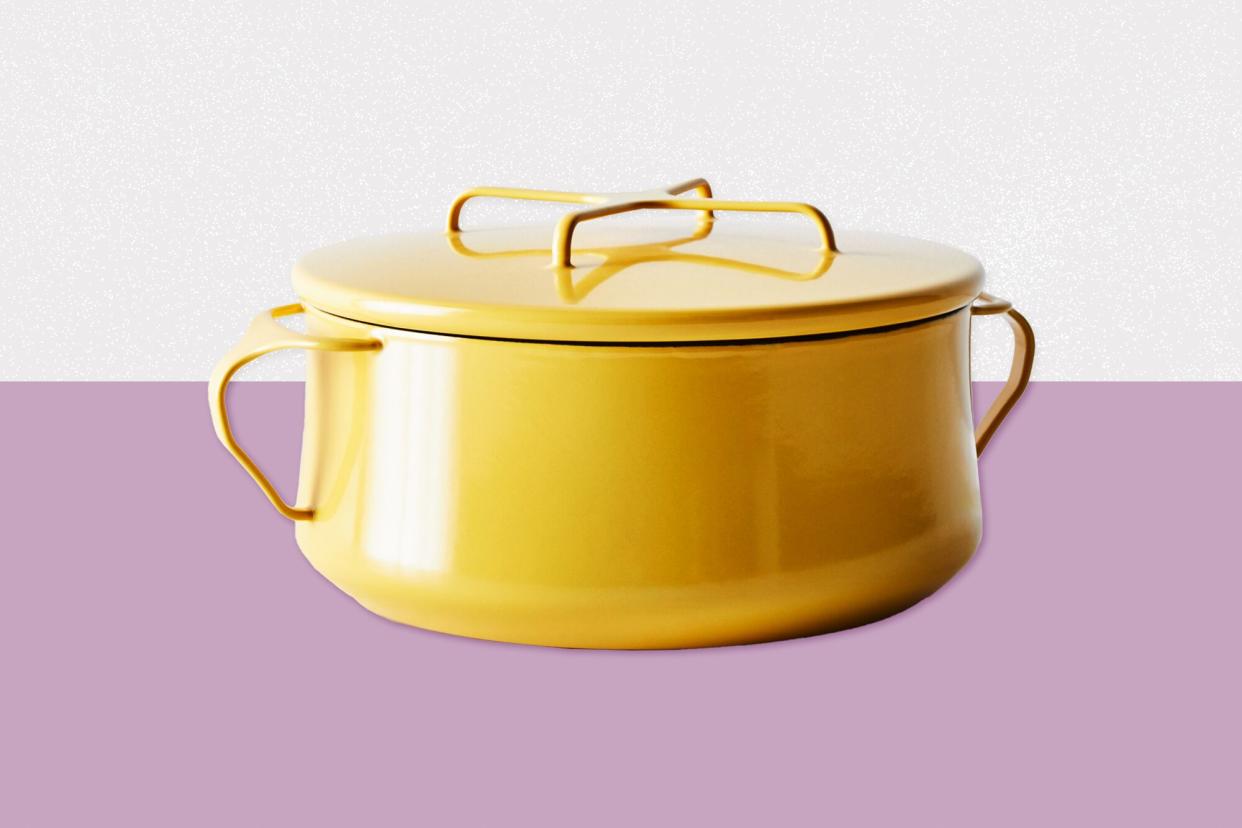 DANSK Food52 x Dansk Kobenstyle Casserole in yellow on a designed background