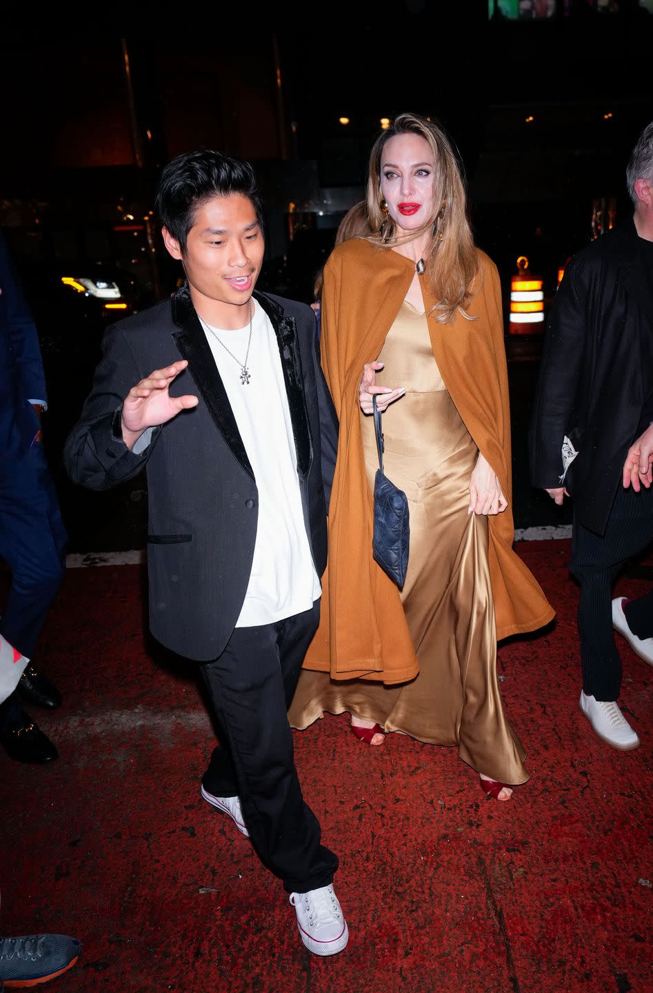 new york, new york april 11 angelina jolie and pax jolie pitt arrive at the afterparty of the outsiders on april 11, 2024 in new york city photo by gothamgc images