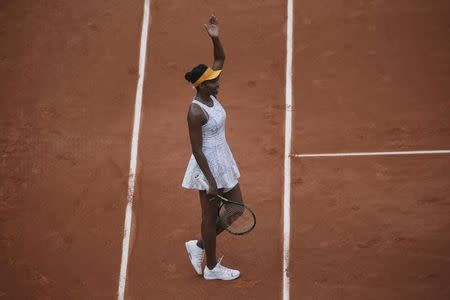 Tennis - French Open - Roland Garros -Venus Williams of the U.S. vs Louisa Chirico of the U.S. - Paris, France - 26/05/16. Williams reacts at the end of her match. REUTERS/Gonzalo Fuentes