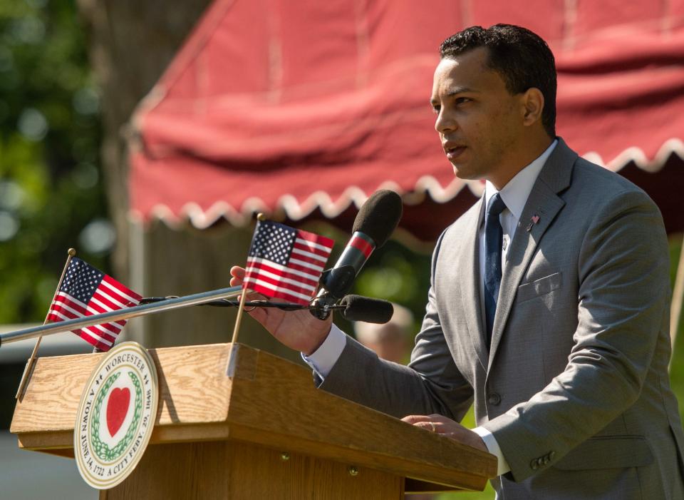 Worcester’s Director of Veterans’ Services Alex R. Arriaga speaks during the city’s Memorial Day ceremony in Hope Cemetery Monday.