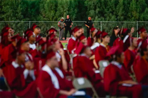 Heightened police presence was seen at the Uvalde High School graduation ceremony. (Kylie Cooper/The Texas Tribune)