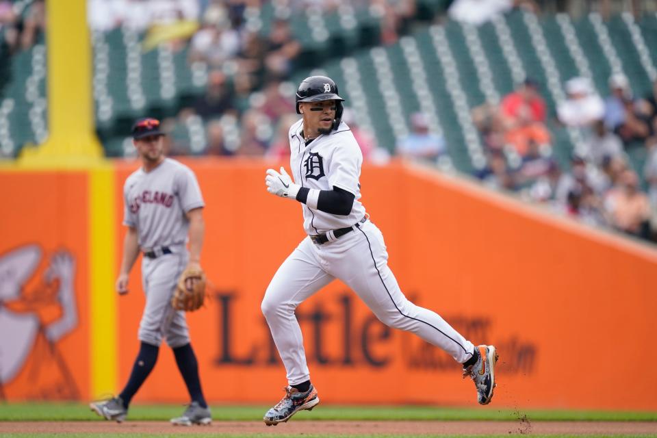 Tigers' Javier Baez runs to second during a wild pitch during the first inning against the Guardians, Wednesday, July 6, 2022, in Detroit.