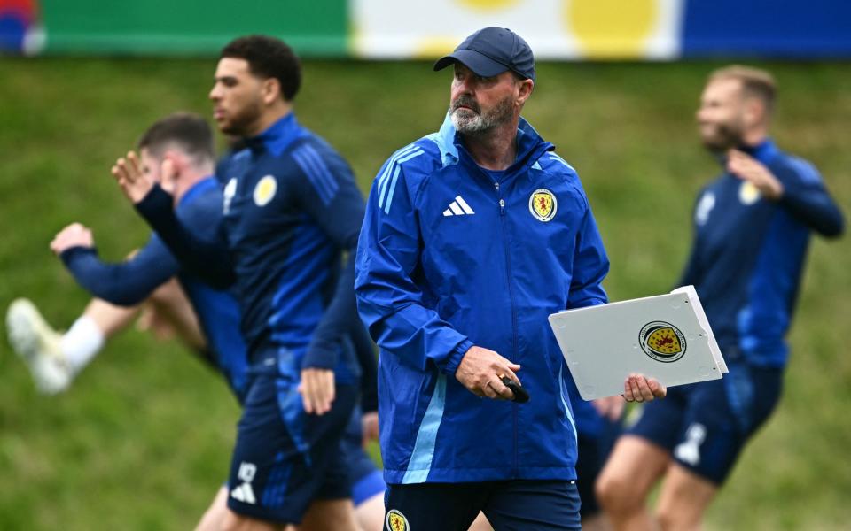 Scotland head coach Steve Clarke looks on during the Scotland national football team's MD-1 training ahead of the UEFA Euro 2024 Football Championship at the team's base camp in Garmisch-Partenkirchen on June 13, 2024.