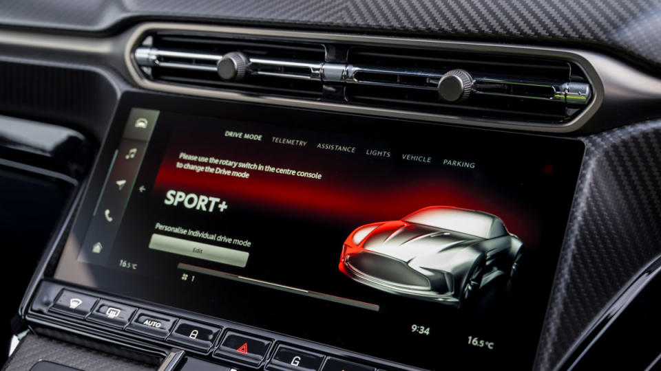 The 10.25-inch touchscreen on the center console of a 2025 Aston Martin Vantage.