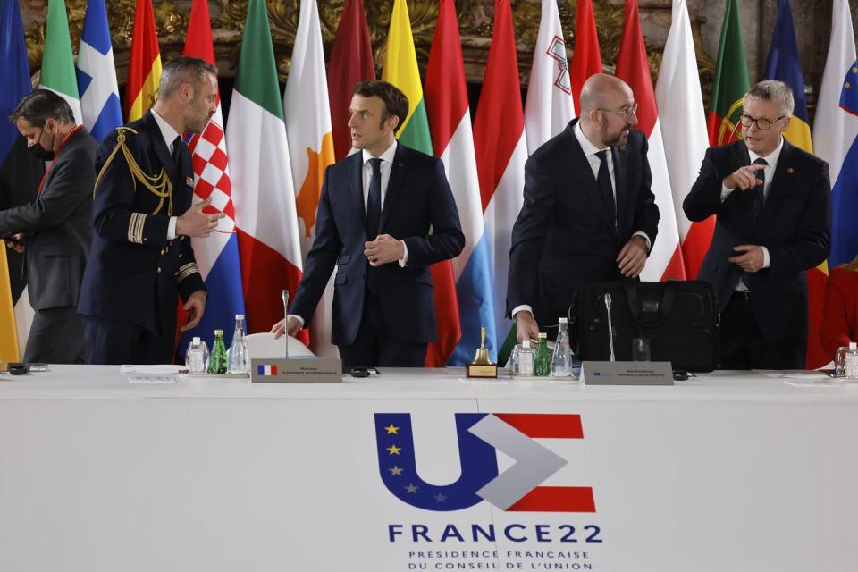 <span class="caption">Macron, and other European leaders gathered at Versailles for summit on the war in Ukraine in March.</span> <span class="attribution"><span class="source">Ludovic Marin/AP/AAP</span></span>