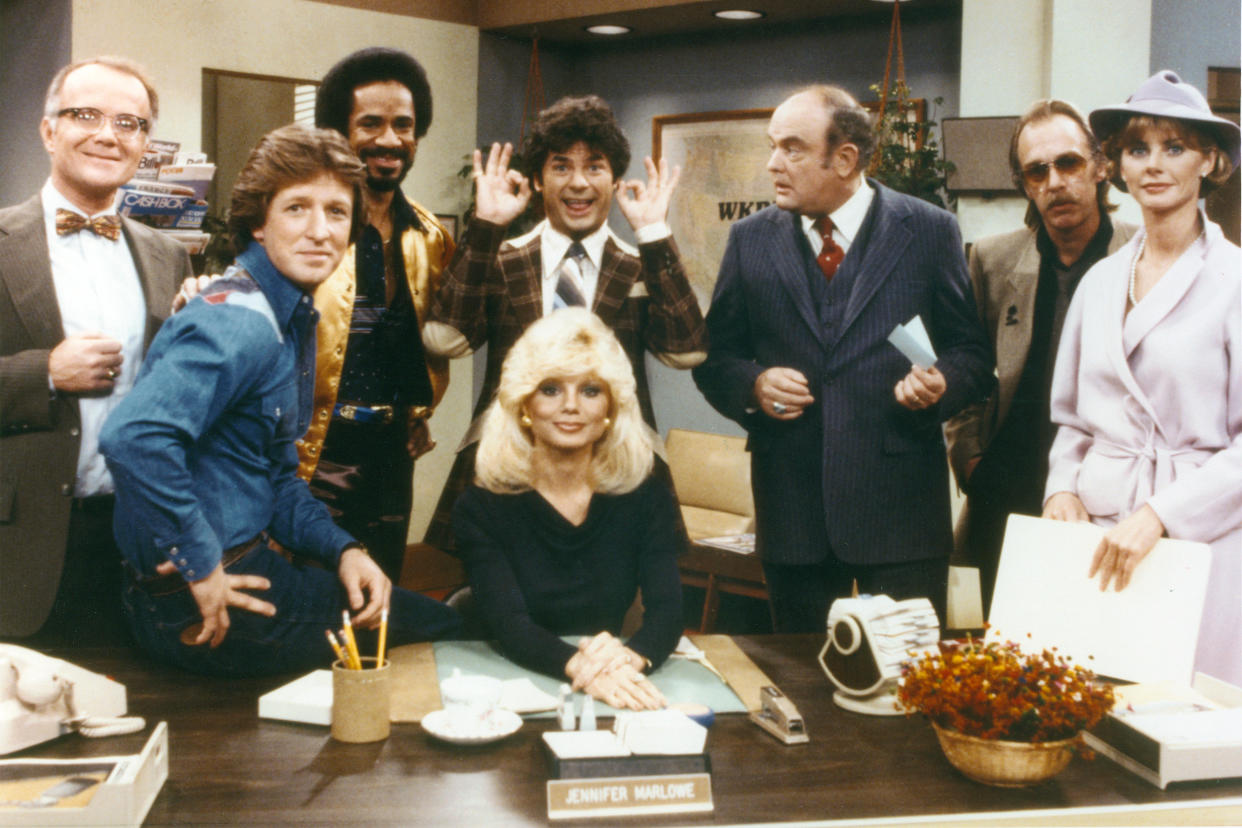 Cast members, from left, Richard Sanders, Gary Sandy, Tim Reid, Frank Bonner (in back), Loni Anderson, Gordon Jump, Howard Hesseman and Jan Smithers star in the CBS television series 