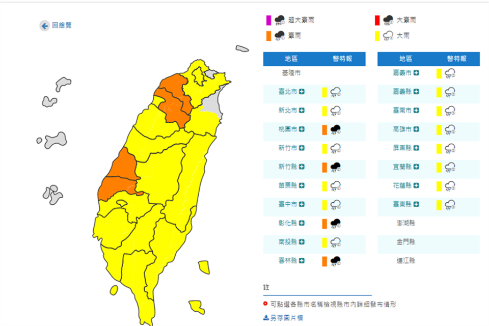 中央氣象局發布豪雨及大雨特報。（圖／翻攝自中央氣象局官網）