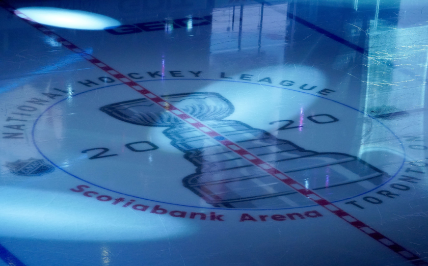 TORONTO, ONTARIO - AUGUST 09: A detailed view of the 2020 Stanley Cup logo.