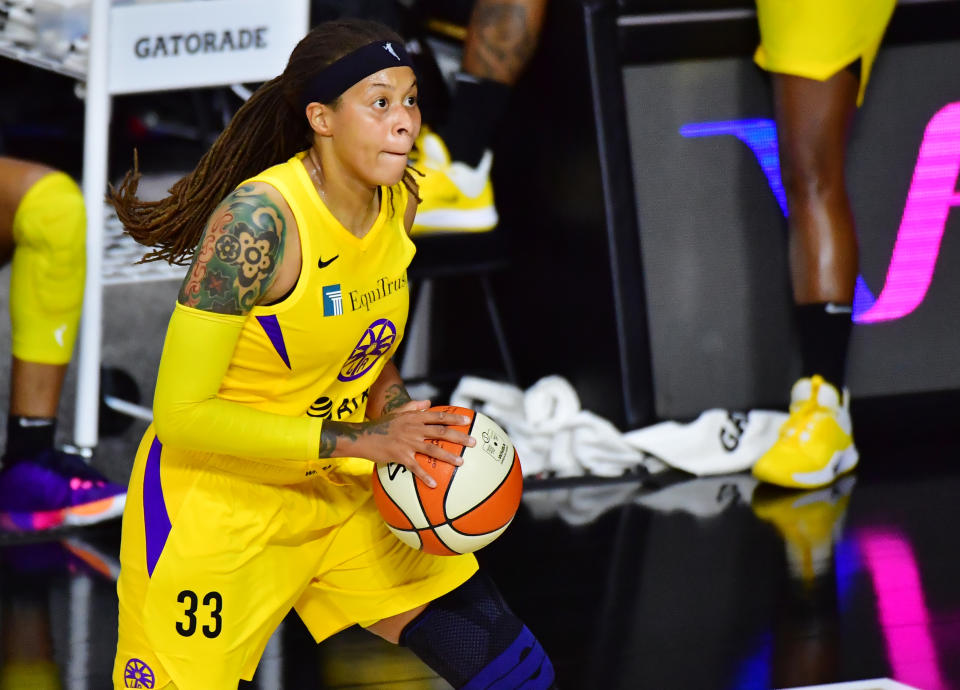 Seimone Augustus #33 of the Los Angeles Sparks looks to shoot the ball during the second half of a game against the Atlanta Dream at Feld Entertainment Center on August 21, 2020 in Palmetto, Florida. NOTE TO USER: User expressly acknowledges and agrees that, by downloading and or using this photograph, User is consenting to the terms and conditions of the Getty Images License Agreement. (Photo by Julio Aguilar/Getty Images)