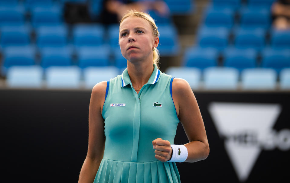 MELBOURNE, AUSTRALIA - JANUARY 17: Anett Kontaveit of Estonia in action against Julia Grabher of Austria during her first round match on Day 2 of the 2023 Australian Open at Melbourne Park on January 17, 2023 in Melbourne, Australia (Photo by Robert Prange/Getty Images)