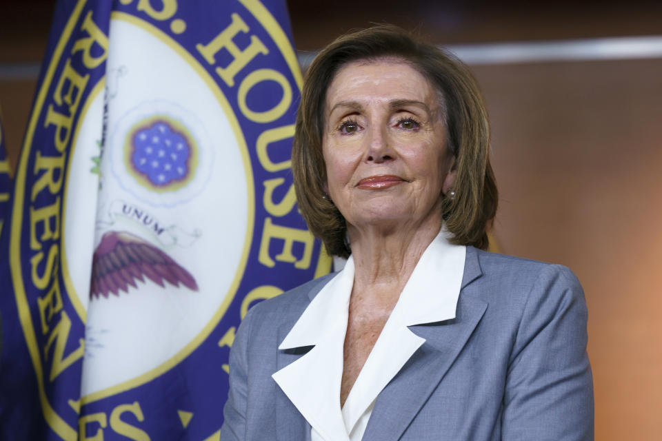 FILE - In this June 30, 2021 file photo, Speaker of the House Nancy Pelosi, D-Calif., listens at a news conference as the House prepares to vote on the creation of a select committee to investigate the Jan. 6 insurrection, at the Capitol in Washington. Pelosi is rejecting two Republicans tapped by House GOP Leader Kevin McCarthy to sit on a committee investigating the Jan. 6 Capitol insurrection. She cited the “integrity” of the investigation. Pelosi said in a statement Wednesday that she would not accept the appointments of Indiana Rep. Jim Banks, whom McCarthy picked to be the top Republican on the panel, or Ohio Rep. Jim Jordan. Both are close allies of former President Donald Trump. (AP Photo/J. Scott Applewhite)