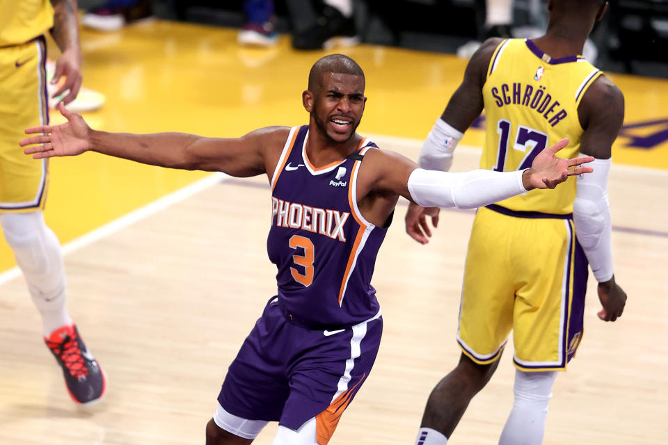 LOS ANGELES, CALIFORNIA - MAY 27:  Chris Paul #3 of the Phoenix Suns appeals to referees for a foul during the first half of Game Three of the Western Conference first-round playoff series against the Los Angeles Lakers at Staples Center on May 27, 2021 in Los Angeles, California.  NOTE TO USER: User expressly acknowledges and agrees that, by downloading and or using this photograph, User is consenting to the terms and conditions of the Getty Images License Agreement.  (Photo by Sean M. Haffey/Getty Images)