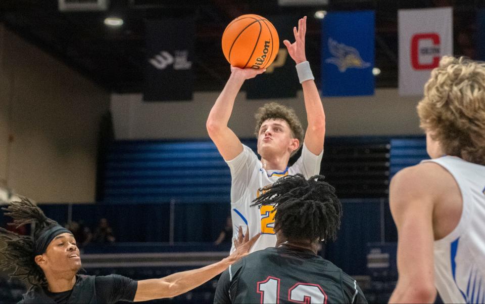 Ripon Christian's Jake Vander Veen shoots a jumper during the Sac-Joaquin Section Div. 5 boys basketball championship game against Futures at U.C. Davis' University Credit Union Center in Davis on Feb. 23, 2024.