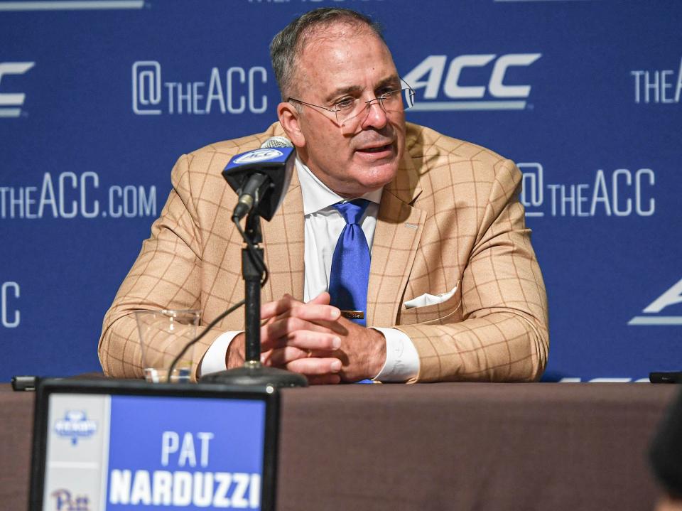 Pitt Head Coach Pat Narduzzi speaks with press during the ACC Kickoff Media Days event in downtown Charlotte, N.C. Wednesday, July 26, 2023.