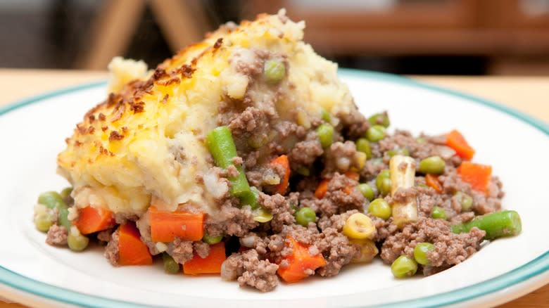 Close-up of a serving of cottage pie on a plate 
