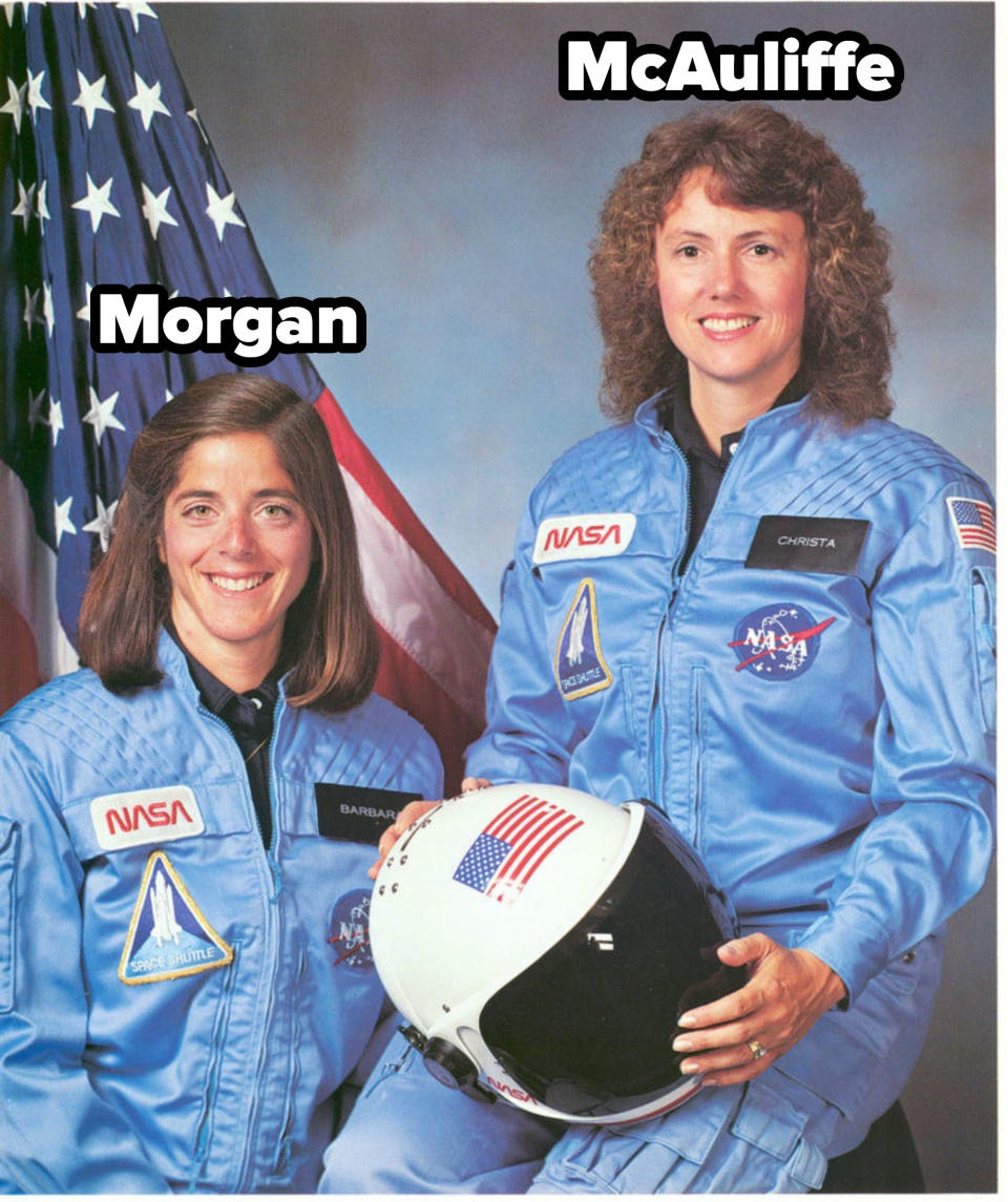 Morgan and McAuliffe in NASA space uniforms
