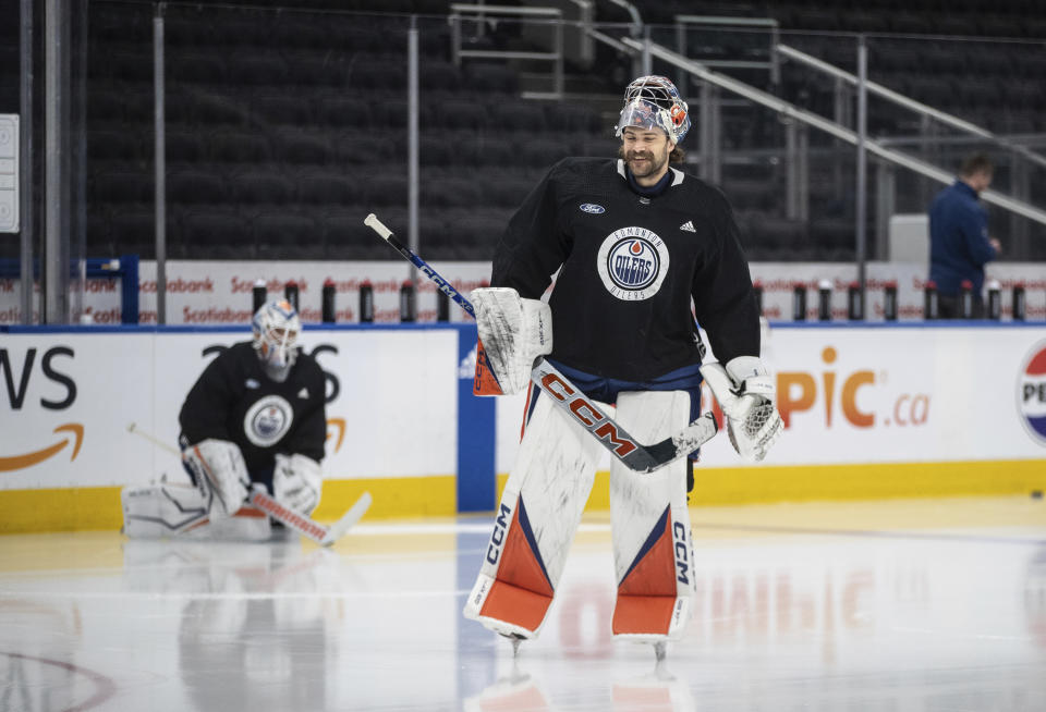 Edmonton Oilers' goalie Stuart Skinner (74) takes to the ice for NHL hockey practice, Wednesday June 12, 2024, in Edmonton, Alberta. The Oilers host the Florida Panthers in Game 3 of the Stanley Cup Finals on Thursday. (Jason Franson/The Canadian Press via AP)