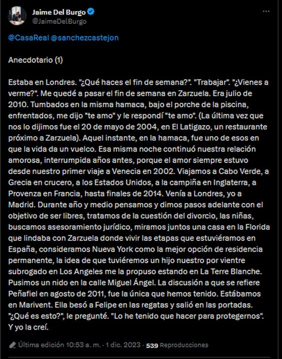 Uno de los tweets de Jaime Del Burgo sobre su supuesto romance con la Reina Letizia de España