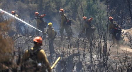 A firefighter sprays water to put out hot spots during the Wilson Fire near Mount Wilson in the Angeles National Forest in Los Angeles, California, U.S. October 17, 2017. REUTERS/Mario Anzuoni