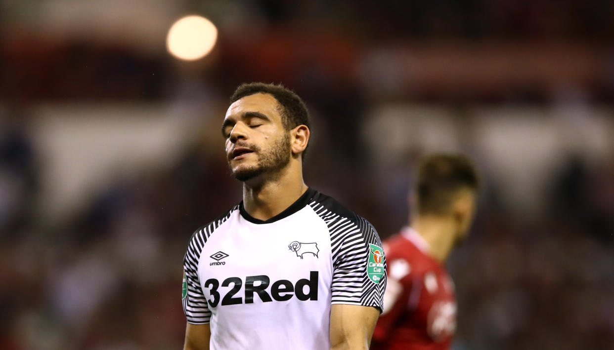 Derby County's Mason Bennett is dejected after a missed chance during the Carabao Cup Second Round match at the City Ground, Nottingham. (Photo by Tim Goode/PA Images via Getty Images)