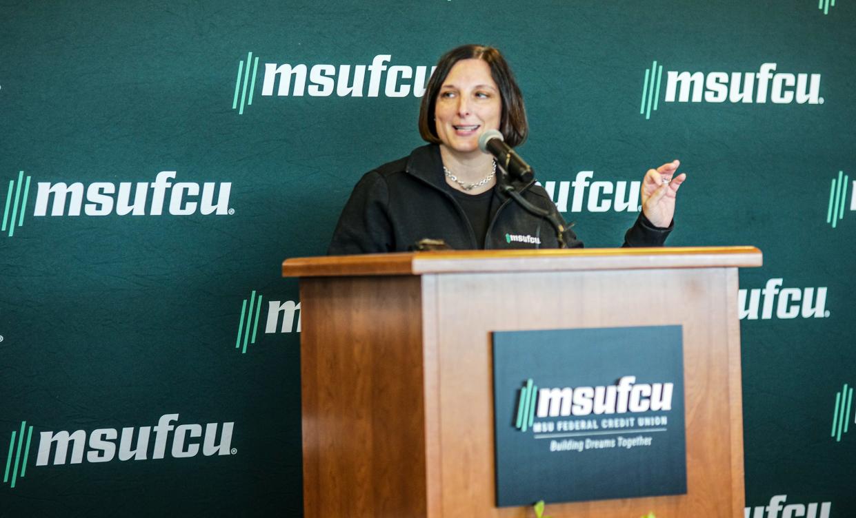 President and CEO of MSU Federal Credit Union April Clobes makes remarks at the 85th anniversary celebration which included lots of food and entertainment for members Sunday, Nov. 20, 2022.