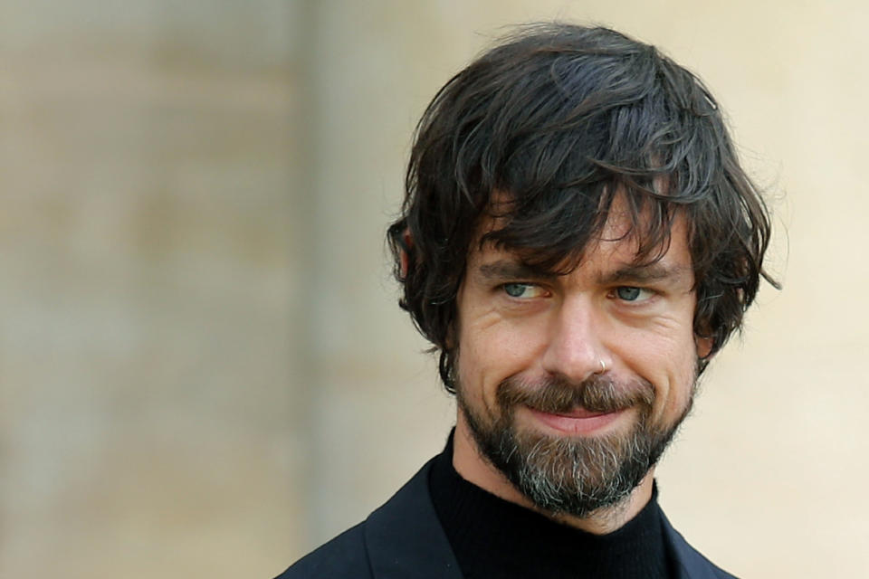 FILE - In this June 7, 2019, file photo, Twitter CEO Jack Dorsey leaves after his talk with French President Emmanuel Macron at the Elysee Palace in Paris. President Donald Trump posted identical messages on Twitter and Facebook this week. But while the two social platforms have very similar policies on voter misinformation and glorifying violence, they dealt with Trump's posts very differently, proof that Silicon Valley is far from a united front when it comes to political decisions. (AP Photo/Francois Mori, File)