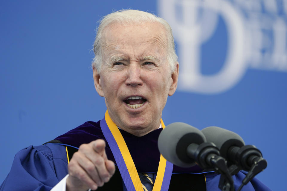 President Joe Biden delivers his keynote address to the University of Delaware Class of 2022 during its commencement ceremony in Newark, Del., Saturday, May 28, 2022. (AP Photo/Manuel Balce Ceneta)