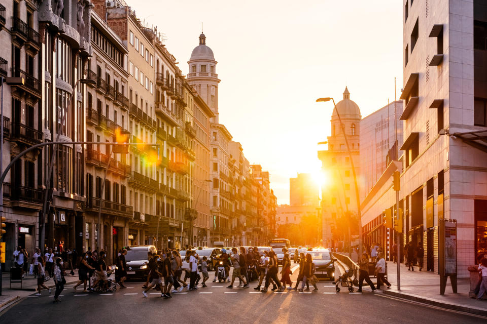 A shot of a populated city at sunset