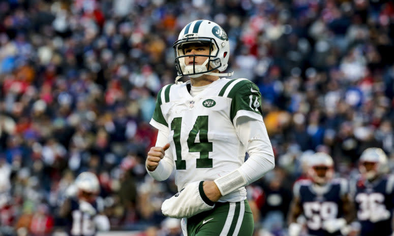 A closeup of Sam Darnold during a New York Jets game.