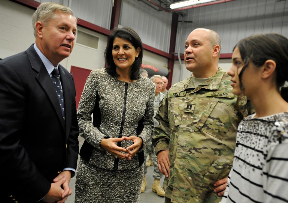 Nikki Haley and her husband Michael Haley at a deployment ceremony before his military duty in Afghanistan