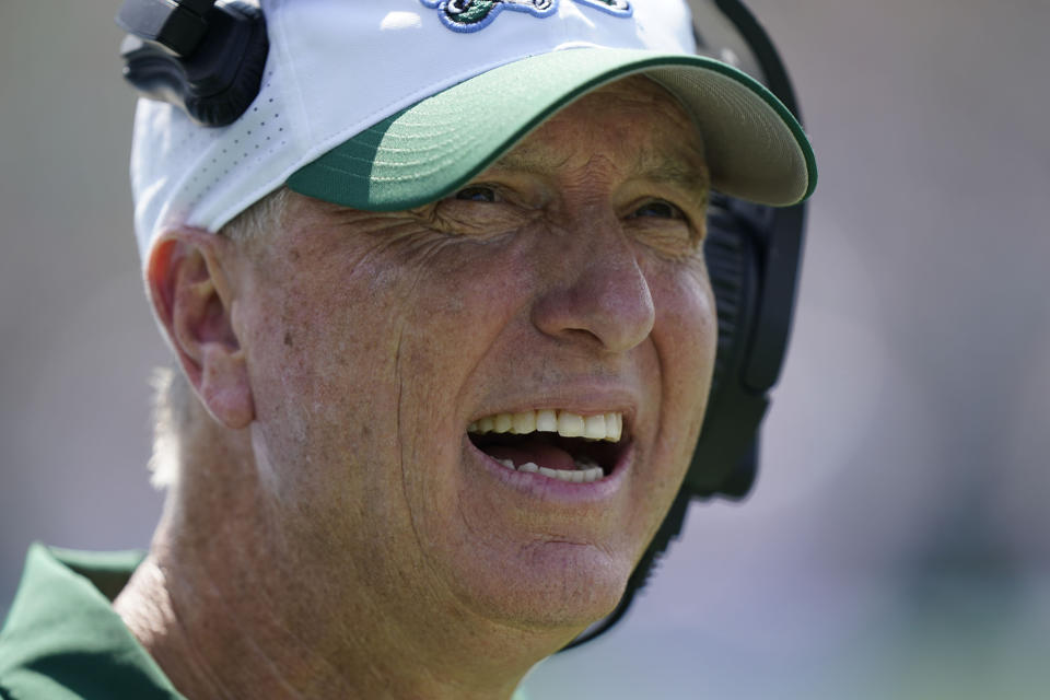 Tulane head coach Willie Fritz calls out from the sideline in the first half of an NCAA college football game against Mississippi in New Orleans, Saturday, Sept. 9, 2023. (AP Photo/Gerald Herbert)
