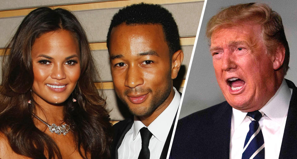 Chrissy Teigen, John Legend and President Trump. (Photos: Jemal Countess/WireImage for Time Inc., Alastair Pike/AFP/Getty Images) 