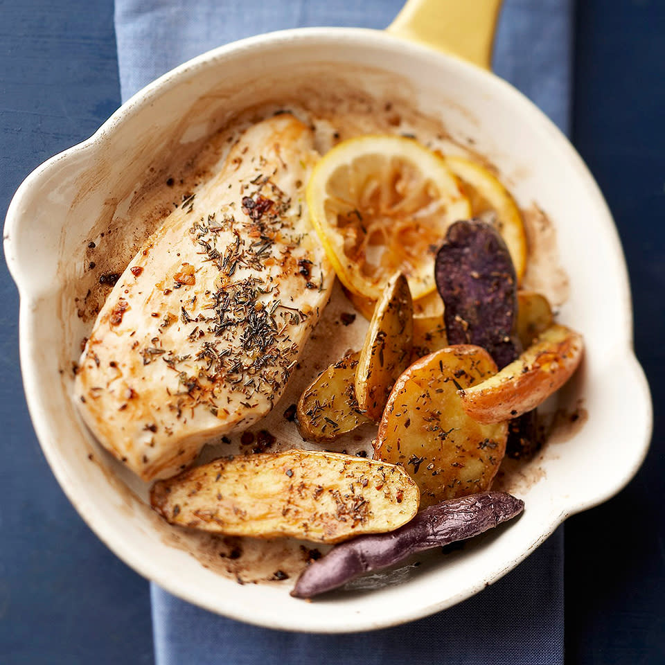 <p>Fingerling potatoes are small, long, knobby spuds that are shaped like fingers. Look for them in the produce department or at farmers' markets. <a href="https://www.eatingwell.com/recipe/259402/lemon-thyme-roasted-chicken-with-fingerlings/" rel="nofollow noopener" target="_blank" data-ylk="slk:View Recipe" class="link ">View Recipe</a></p>