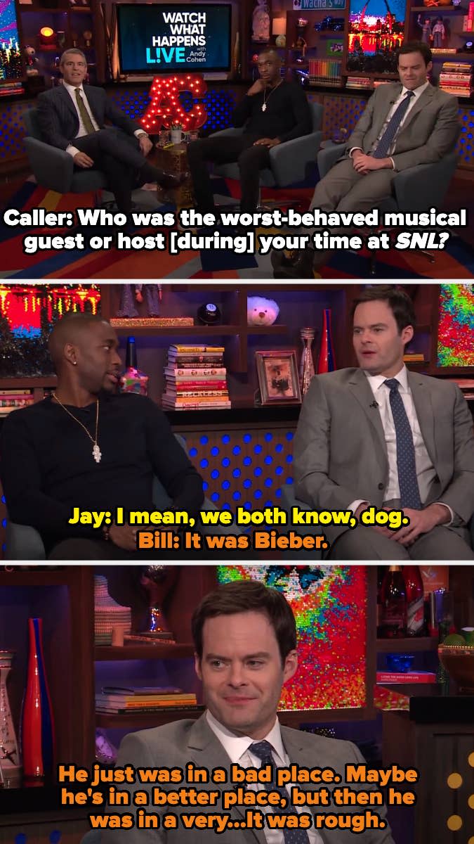 Jay Pharoah and Bill Hader on "Watch What Happens Live" show, discussing the worst-behaved musical guest on SNL. Hader mentions Justin Bieber as the worst