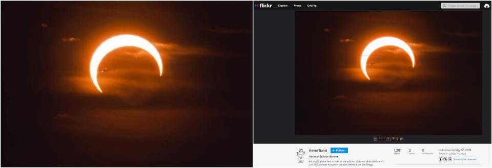 <span>Screenshot comparison of the photo in the false post (left) and the photo uploaded to Flickr (right)</span>