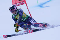 United States' Paula Moltzan speeds down the course during an alpine ski, women's World Cup giant slalom, in Semmering, Austria, Tuesday, Dec. 27, 2022. (AP Photo/Giovanni Auletta)