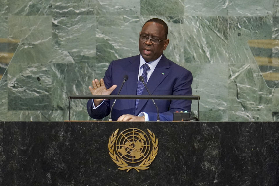 President of Senegal Macky Sall addresses the 77th session of the General Assembly at United Nations headquarters, Tuesday, Sept. 20, 2022. (AP Photo/Mary Altaffer)