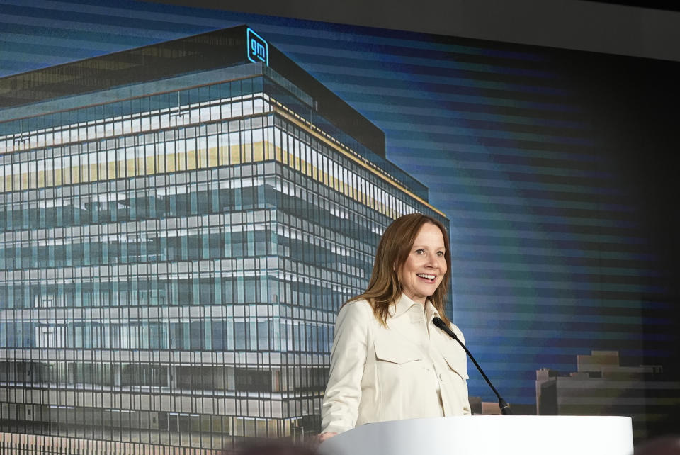 General Motors CEO Mary Barra addresses a news conference, Monday, April 15, 2024 in Detroit. GM plans to move its iconic Detroit headquarters to a new downtown office tower and redevelop its home office site. In addition, Bedrock, which owns multiple office buildings downtown, will join GM in studying redevelopment of the seven-building Renaissance Center now owned by GM. The new building is on the site of the old Hudson's department store in the heart of downtown. (AP Photo/Carlos Osorio)