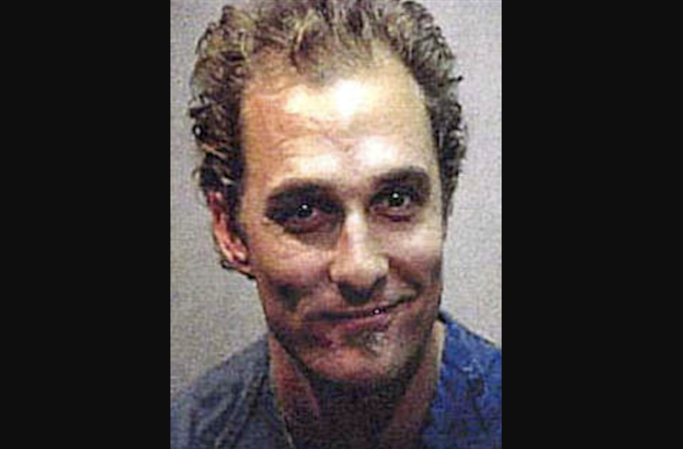 In this handout, American actor and producer Matthew McConaughey in a mug shot following his arrest in Austin, Texas, US, 25th October 1999. (Photo by Kypros/Getty Images)