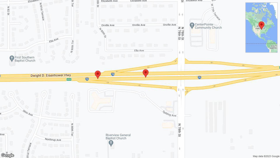 A detailed map that shows the affected road due to 'Broken down vehicle on eastbound I-70 in Kansas City' on December 22nd at 11:49 p.m.